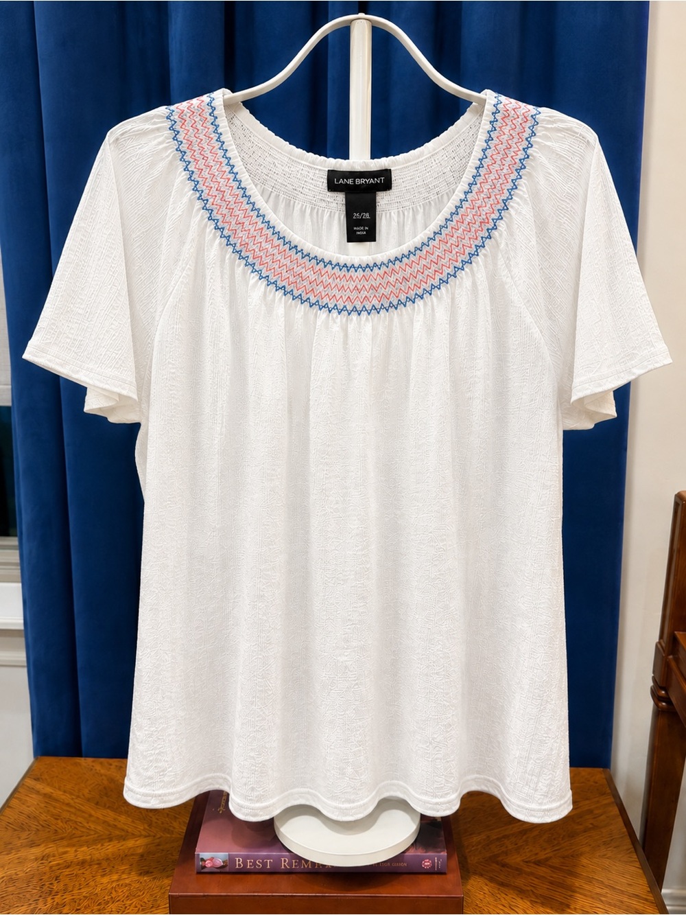 Lane Bryant White Short-Sleeve Top with Pink and Blue Smocked Neck